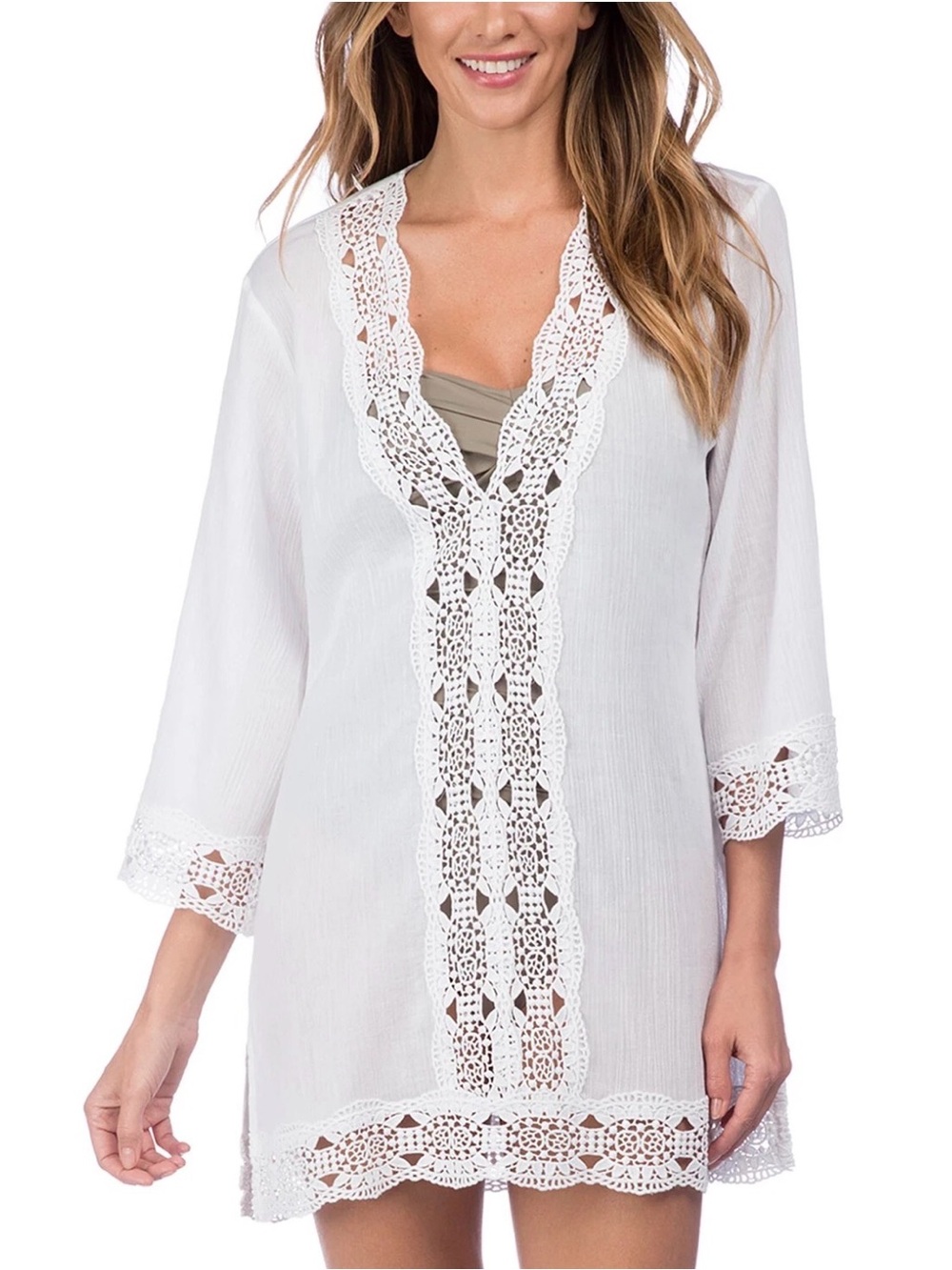 NWT La Blanca White Crochet-Trim V-Neck Swim Coverup